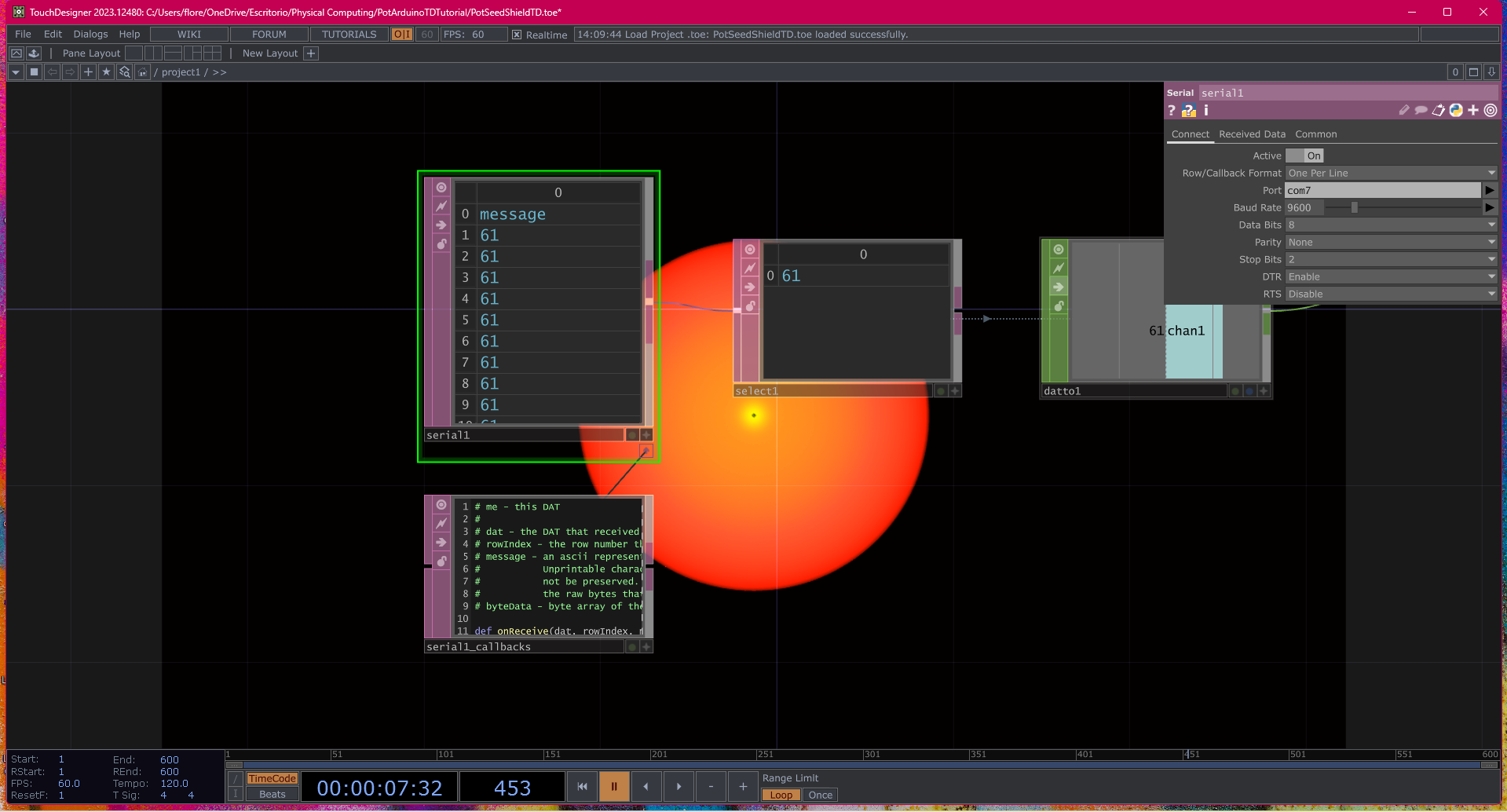 Doing some adjustments on TouchDesigner, such as selecting the correct port to manipulate the sphere using the Arduino dial.  