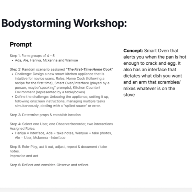 bodystorming workshop prompt, we decided to go for an intuitive oven that alerts the user when the pan is hot and has a touchscreen and cooking modes